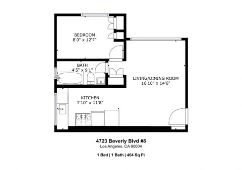 Floor plan for 1 bed, 1 bath, 481 sqft